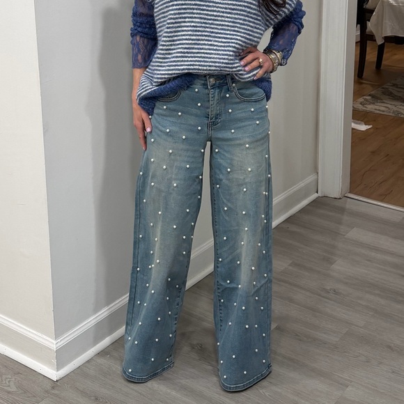 FROM PARIS FRANCE Blue Pearl-Embellished Jeans - Picture 2 of 3